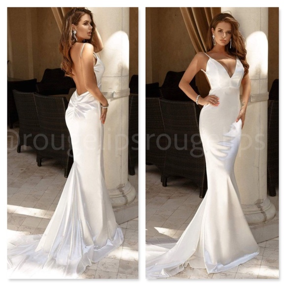 Rouge! Dresses & Skirts - White Deep V Neck Backless Ruched Long Wedding Slip Sheath Dress